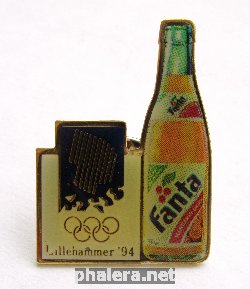 Знак Зимние Олимпийские игры 1994 Лиллехаммер, значок спонсора Fanta.